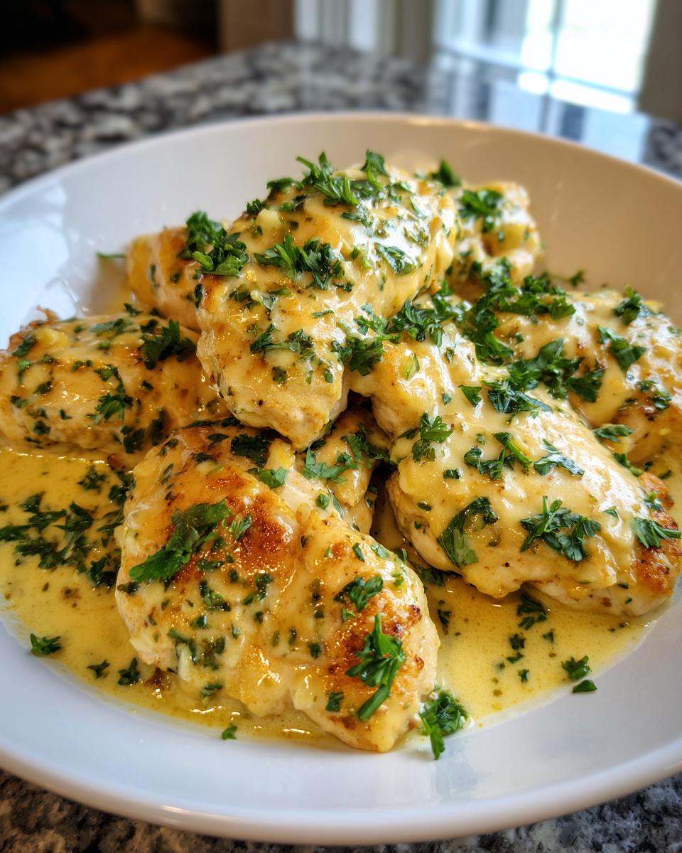 Close-up of Hähnchenfilet in cremiger Knoblauchsauce, garnished with fresh parsley.