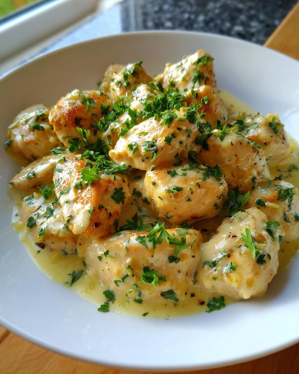 Close-up of Hähnchenfilet in cremiger Knoblauchsauce, garnished with fresh parsley.