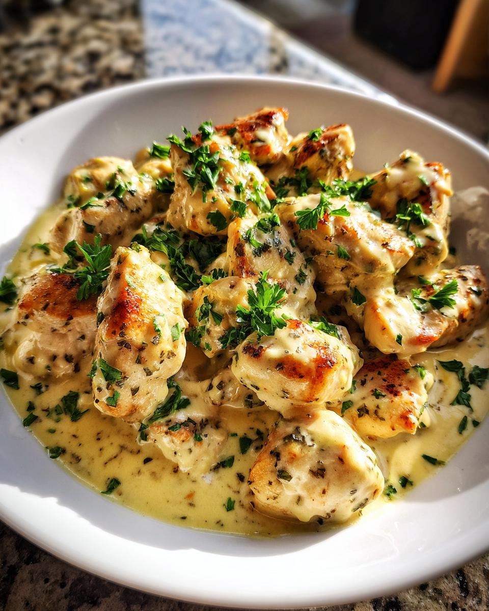 Close-up of Hähnchenfilet in cremiger Knoblauchsauce, garnished with fresh parsley in a white bowl.