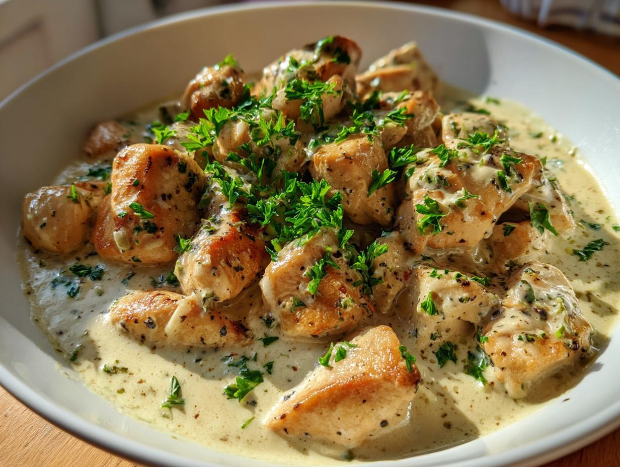 Close-up of Hähnchenfilet in cremiger Knoblauchsauce, garnished with fresh parsley in a white bowl.