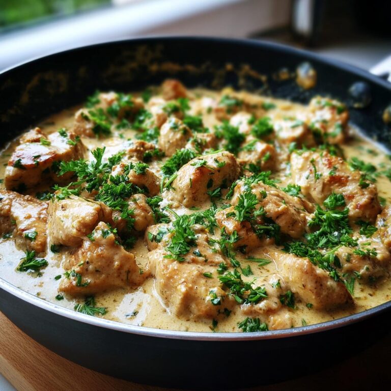 Close-up of Hähnchenfilet in cremiger Knoblauchsauce, garnished with fresh parsley in a pan.