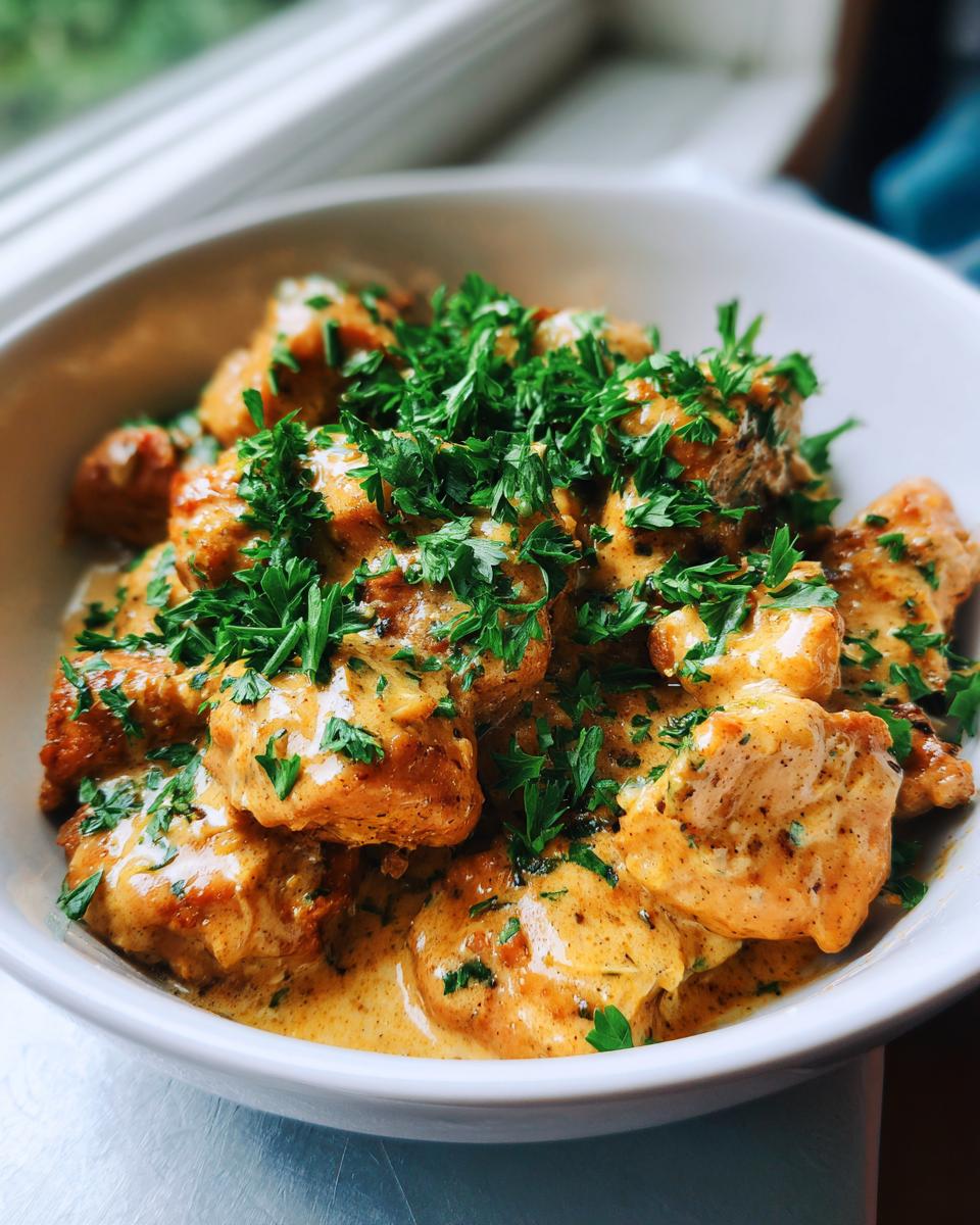 Delicious Hähnchenfilet in cremiger Knoblauchsauce garnished with fresh parsley in a white bowl.