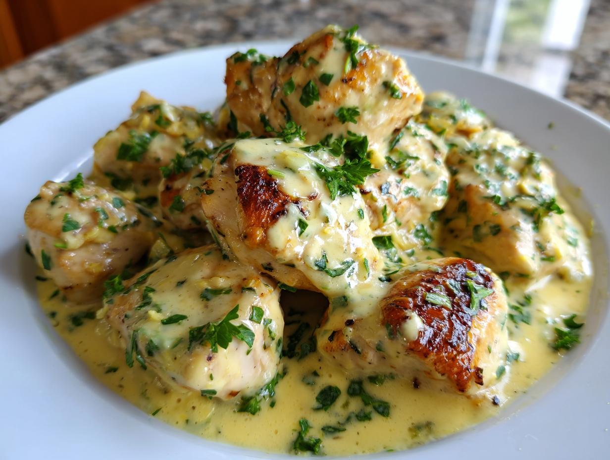 Delicious Hähnchenfilet in cremiger Knoblauchsauce, garnished with fresh parsley on a white plate.