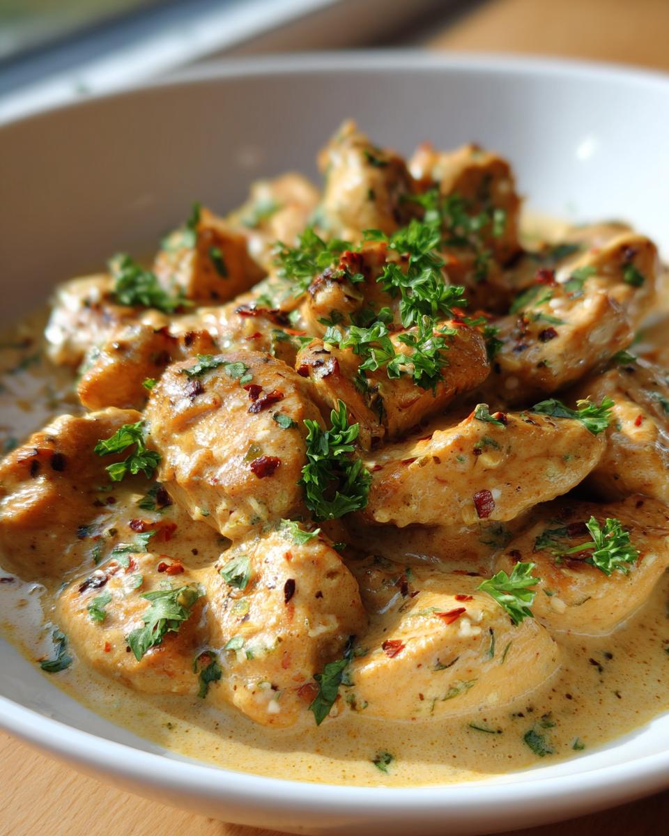 Nahaufnahme von Hähnchenfilet in cremiger Knoblauchsauce begeistert jeden, garniert mit Petersilie und Chiliflocken.