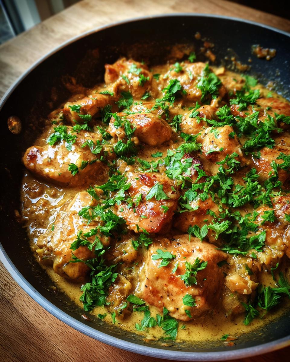 Hähnchenfilet in cremiger Knoblauchsauce begeistert jeden. Serviert in einer Pfanne und mit Petersilie garniert.