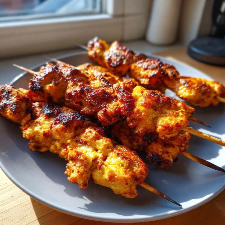 Nahaufnahme von Hähnchenspieße aus der Heißluftfritteuse auf einem Teller, perfekt gegrillt und bereit zum Genießen.