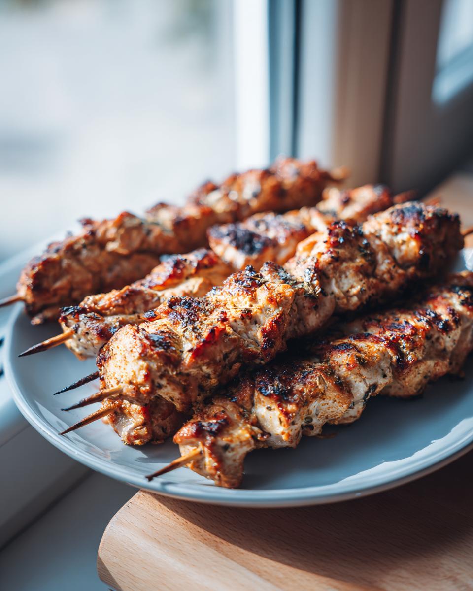Plate of delicious Hähnchenspieße aus der Heißluftfritteuse, cooked to perfection.