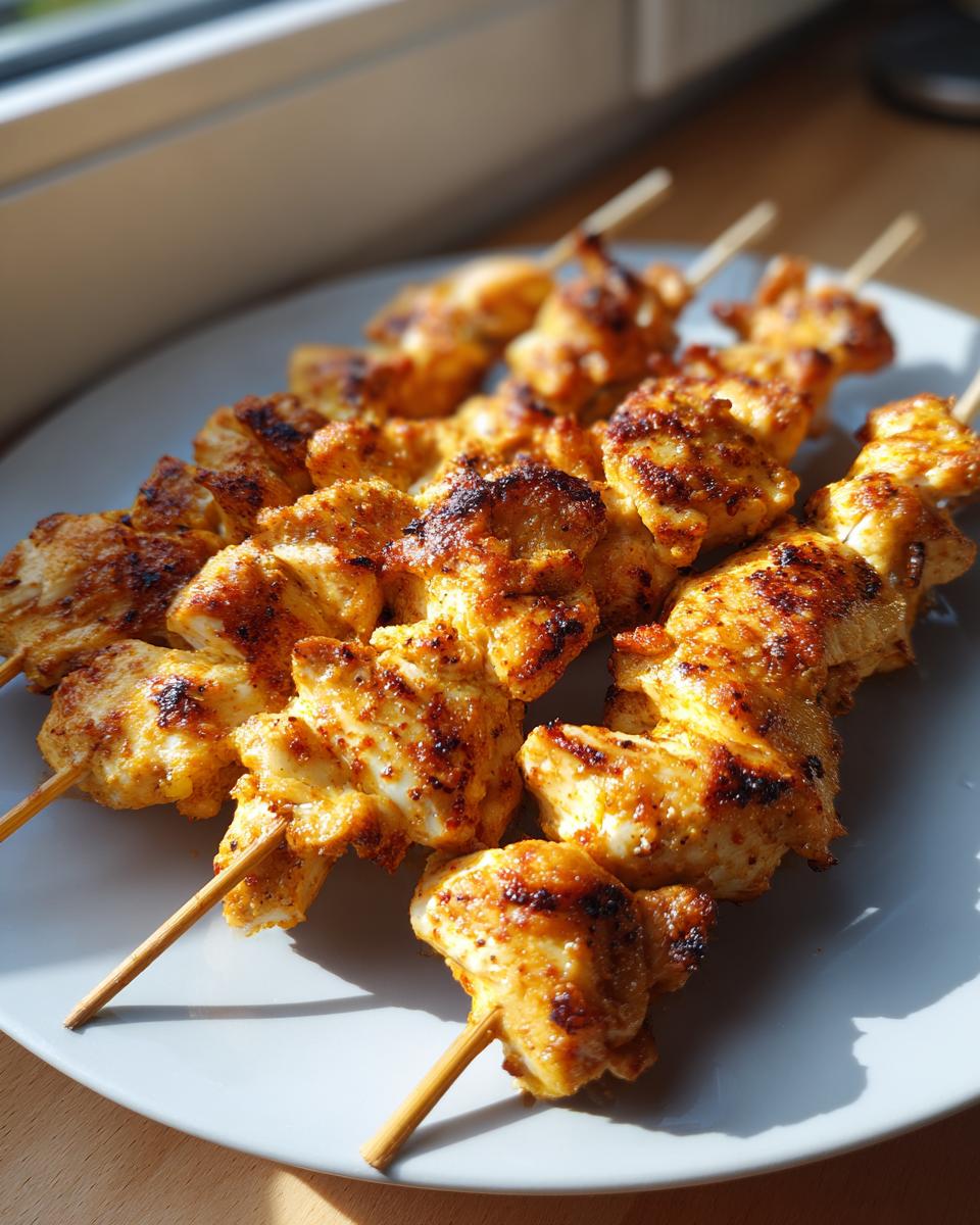 Close-up of Hähnchenspieße aus der Heißluftfritteuse, golden brown and ready to eat.