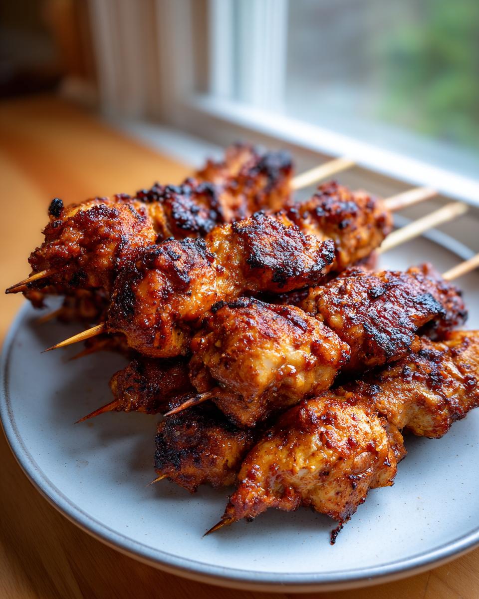 Aufsicht von Hähnchenspieße aus der Heißluftfritteuse auf einem Teller.