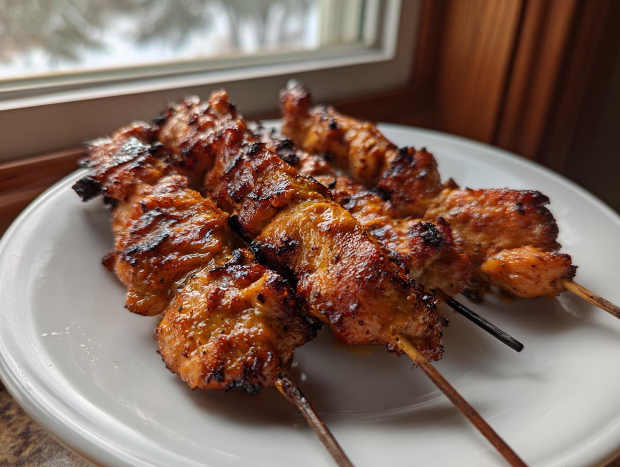 Nahaufnahme von Hähnchenspieße aus der Heißluftfritteuse, goldbraun und appetitlich.