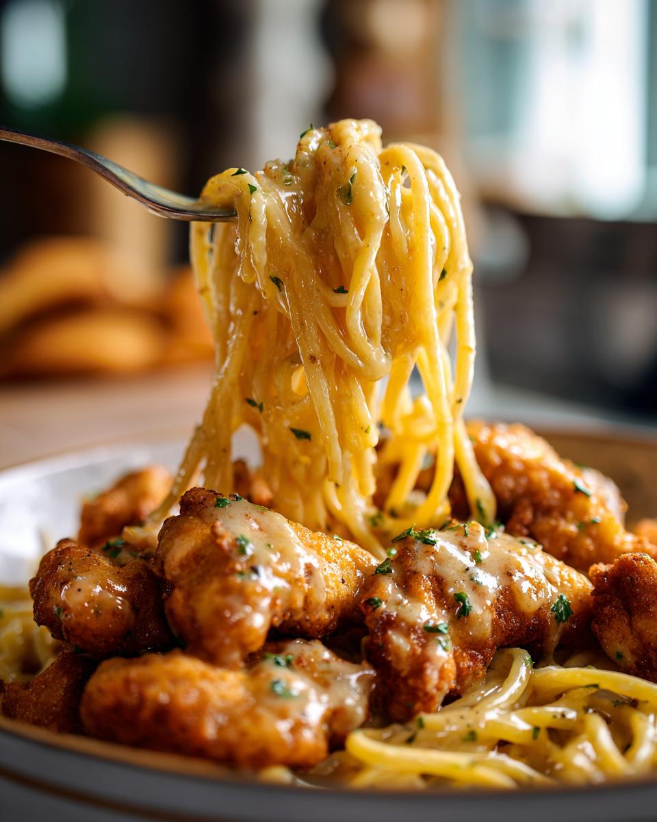 Close-up of Hähnchenstreifen mit 250g Nudeln, featuring chicken strips and pasta with sauce on a fork.