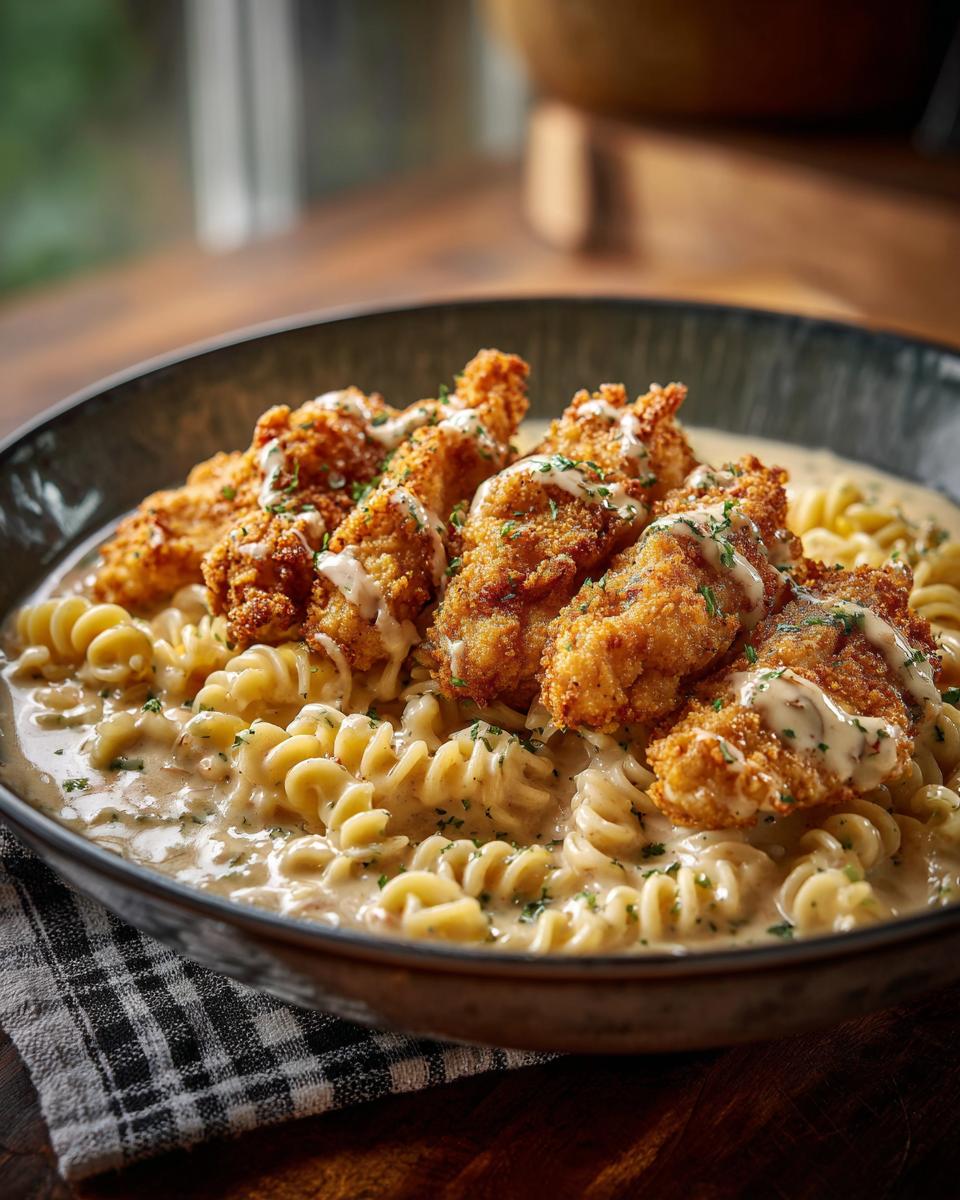 Nahaufnahme von Hähnchenstreifen mit 250g Nudeln, serviert in cremiger Soße und mit Kräutern garniert.