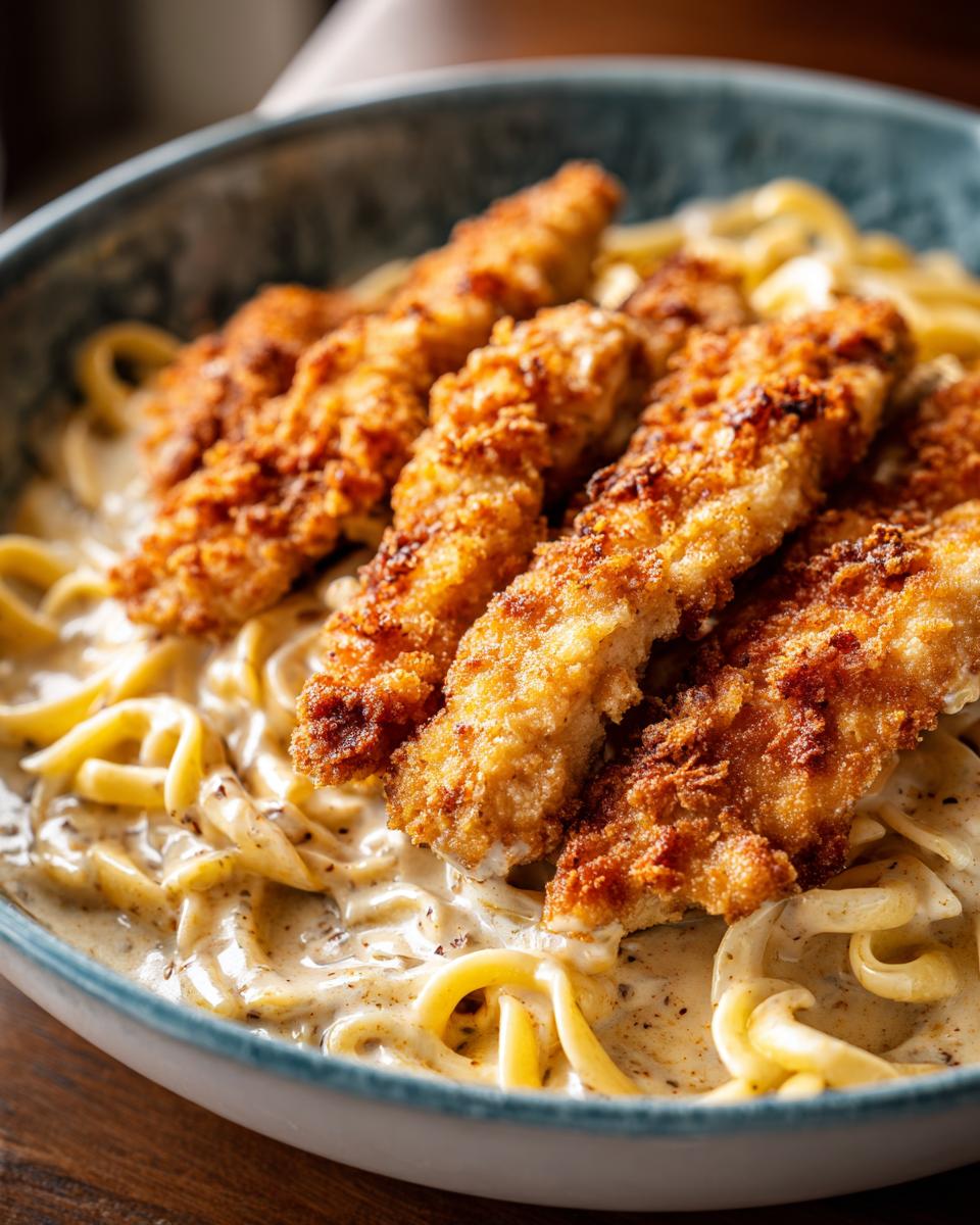 Nahaufnahme von Hähnchenstreifen mit 250g Nudeln, serviert in einer cremigen Soße in einer blauen Schüssel.