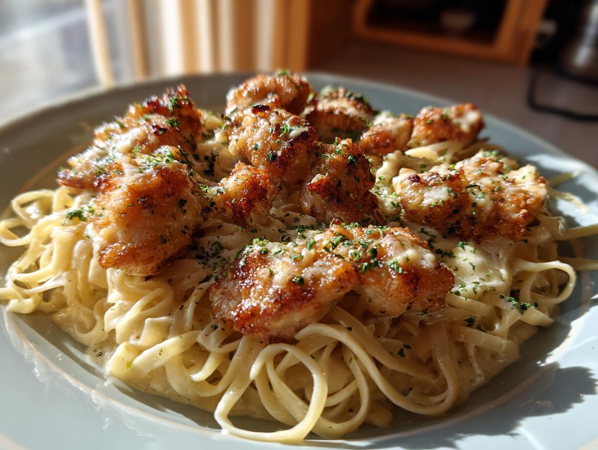 Delicious Hähnchenstreifen mit 250g Nudeln in Sahnesauce, garnished with fresh herbs on a light blue plate.