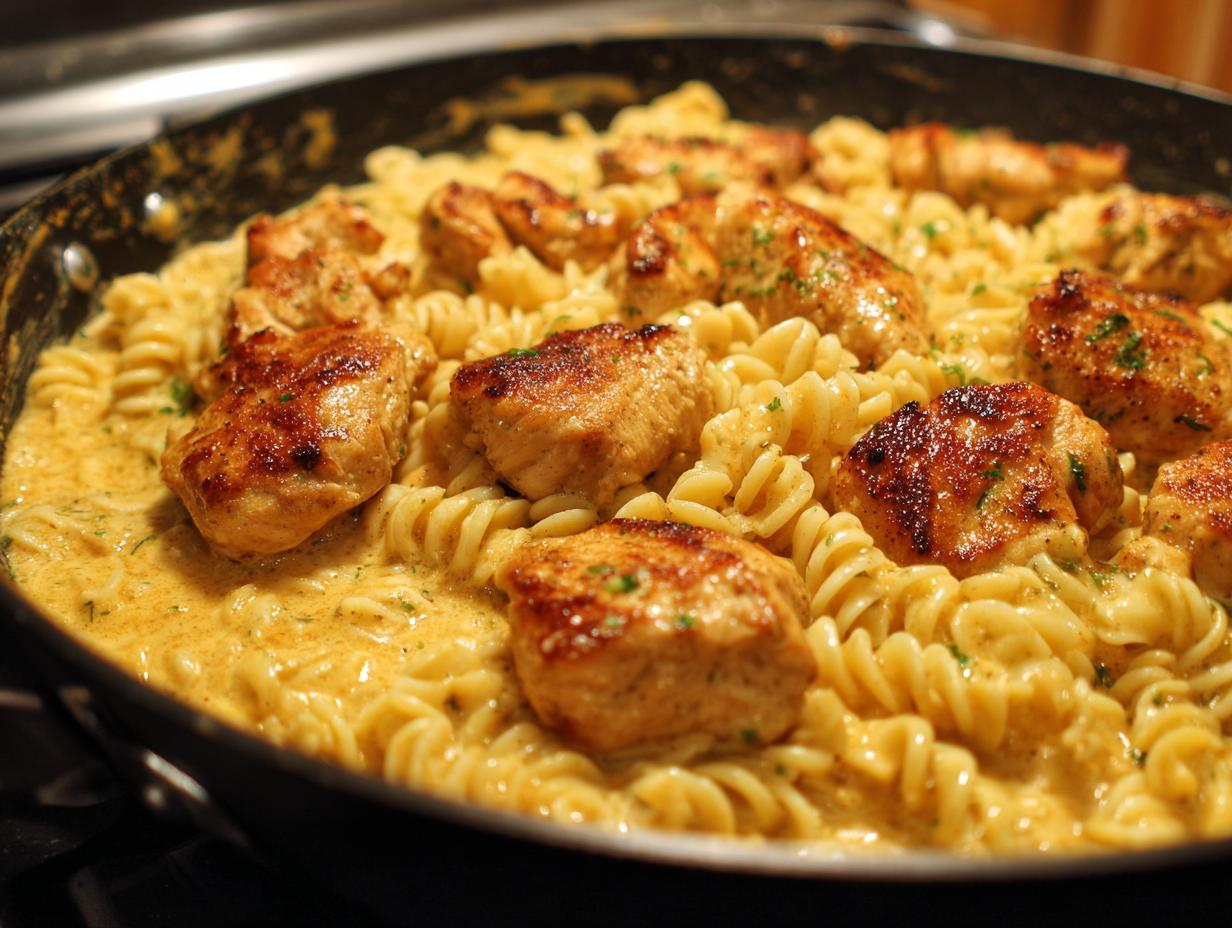 Hähnchenstreifen mit 250g Nudeln, serviert in einer cremigen Sauce in einer Pfanne.