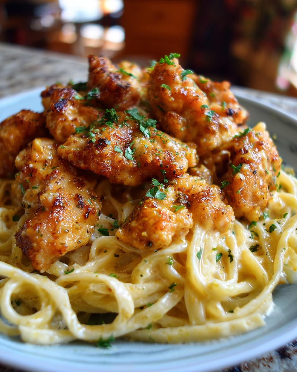 Delicious Hähnchenstreifen mit 250g Nudeln in Sahnesauce, garnished with fresh herbs.
