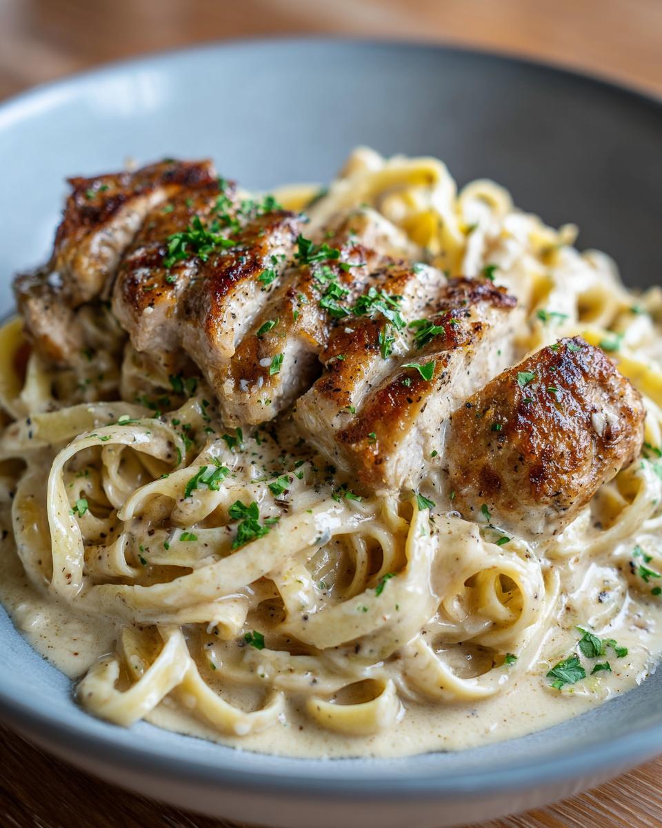 Delicious Hähnchenstreifen mit 250g Nudeln in Sahnesauce, garnished with parsley, served in a bowl.