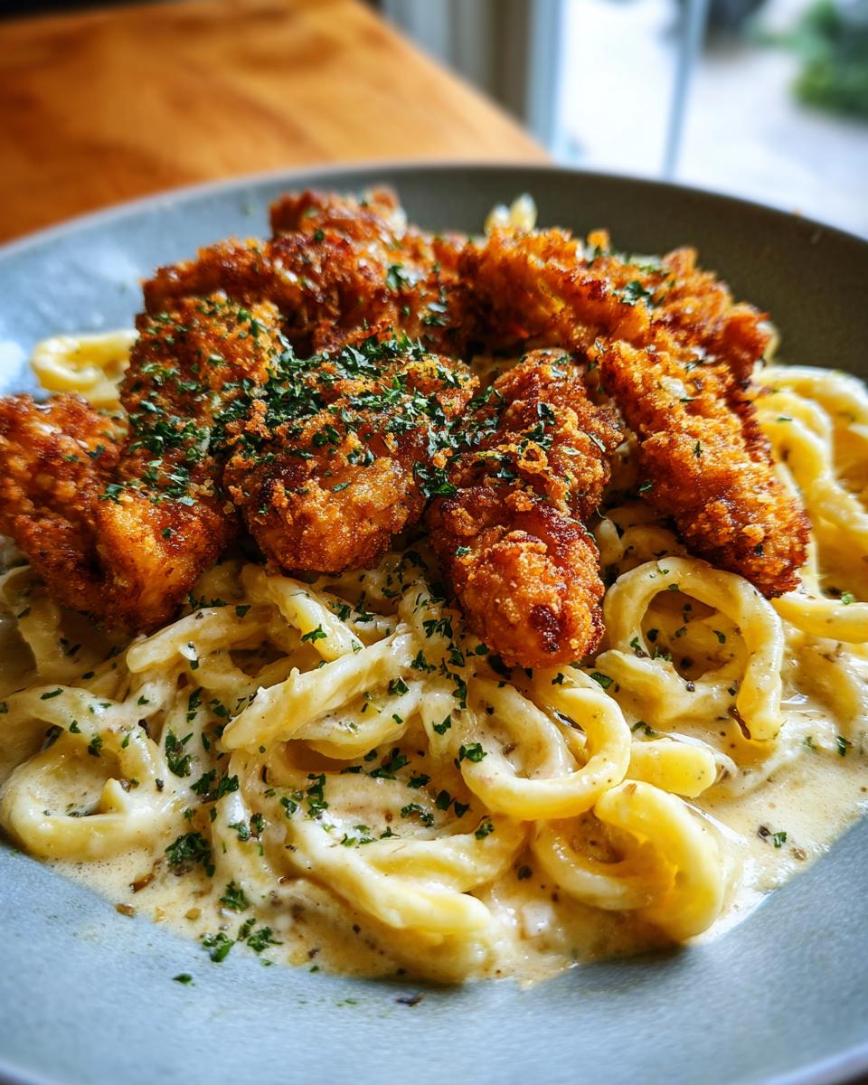 Close-up of Hähnchenstreifen mit 250g Nudeln in Sahnesauce, garnished with parsley on a plate.
