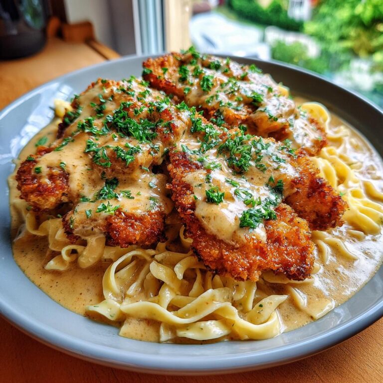 Delicious Hähnchenstreifen mit 250g Nudeln in Sahnesauce, garnished with parsley, served on a plate.