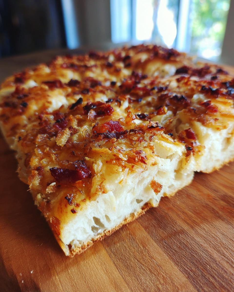 Close-up of Haferflocken-Joghurt-Fladen topped with bacon on a wooden board.