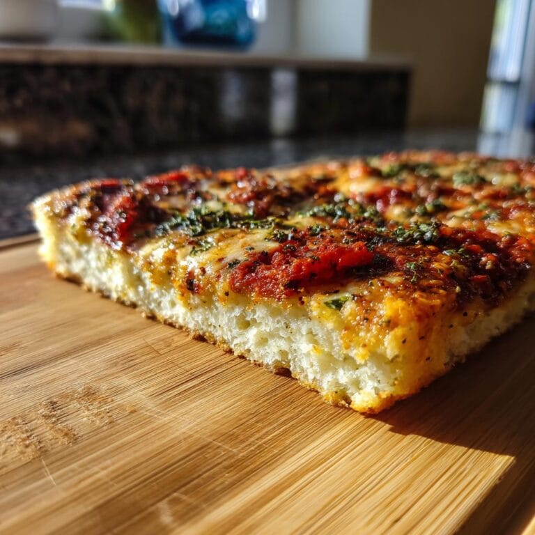 A slice of Haferflocken-Joghurt-Fladen, a flatbread with tomato and herbs, sits on a wooden board.
