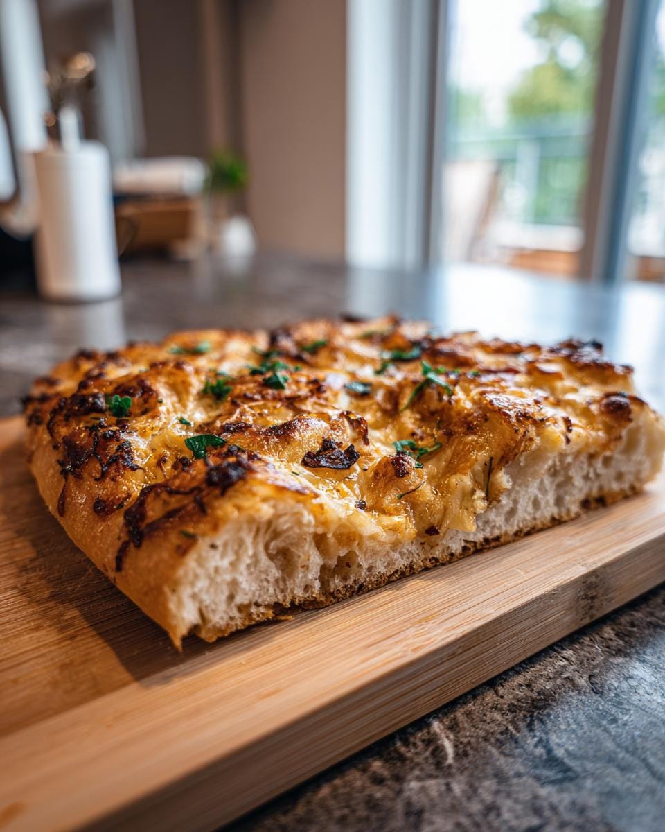 A slice of Haferflocken-Joghurt-Fladen (oatmeal-yogurt flatbread) on a wooden board, topped with herbs and cheese.