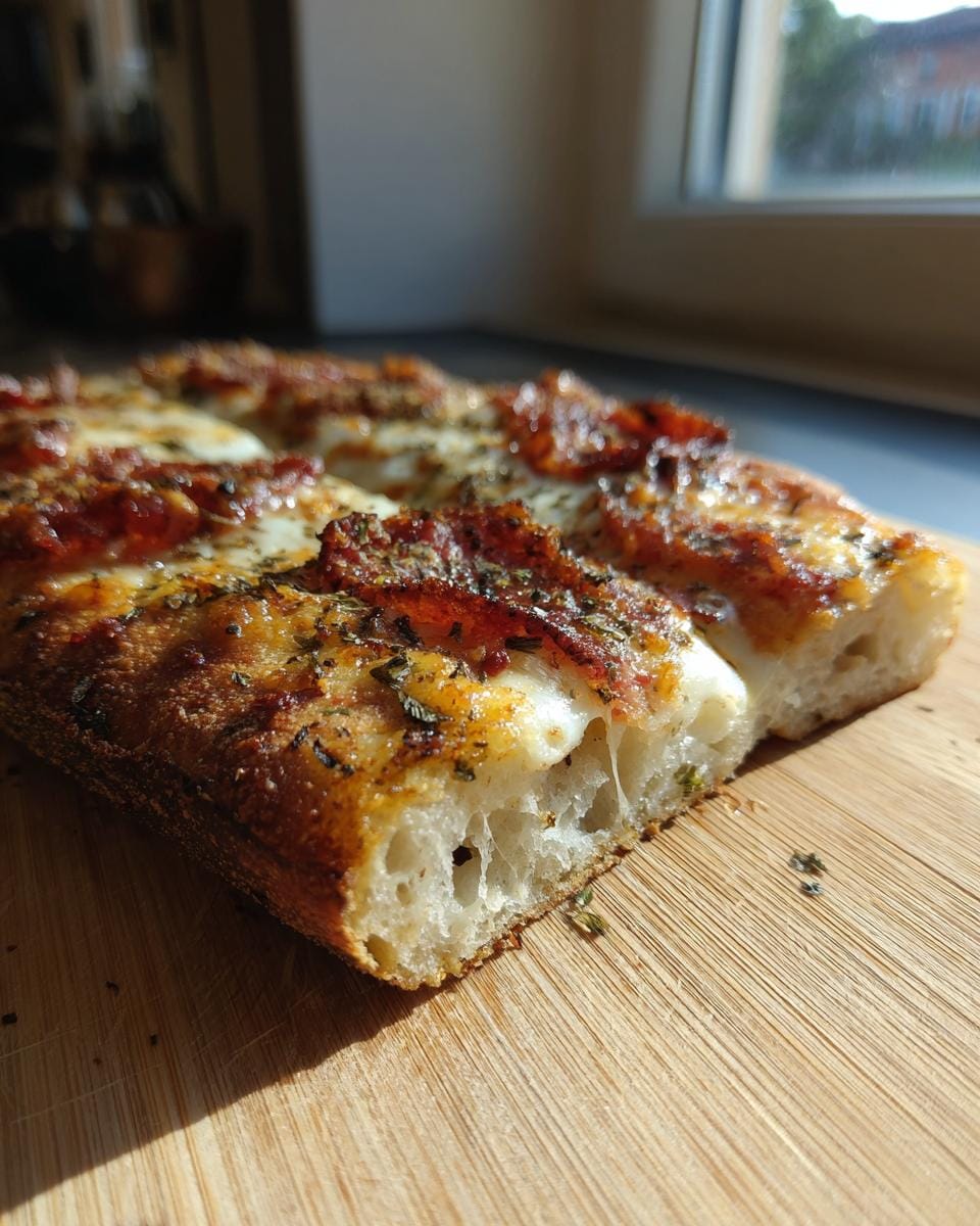 Close-up of a slice of Haferflocken-Joghurt-Fladen, topped with cheese and herbs, on a wooden board.