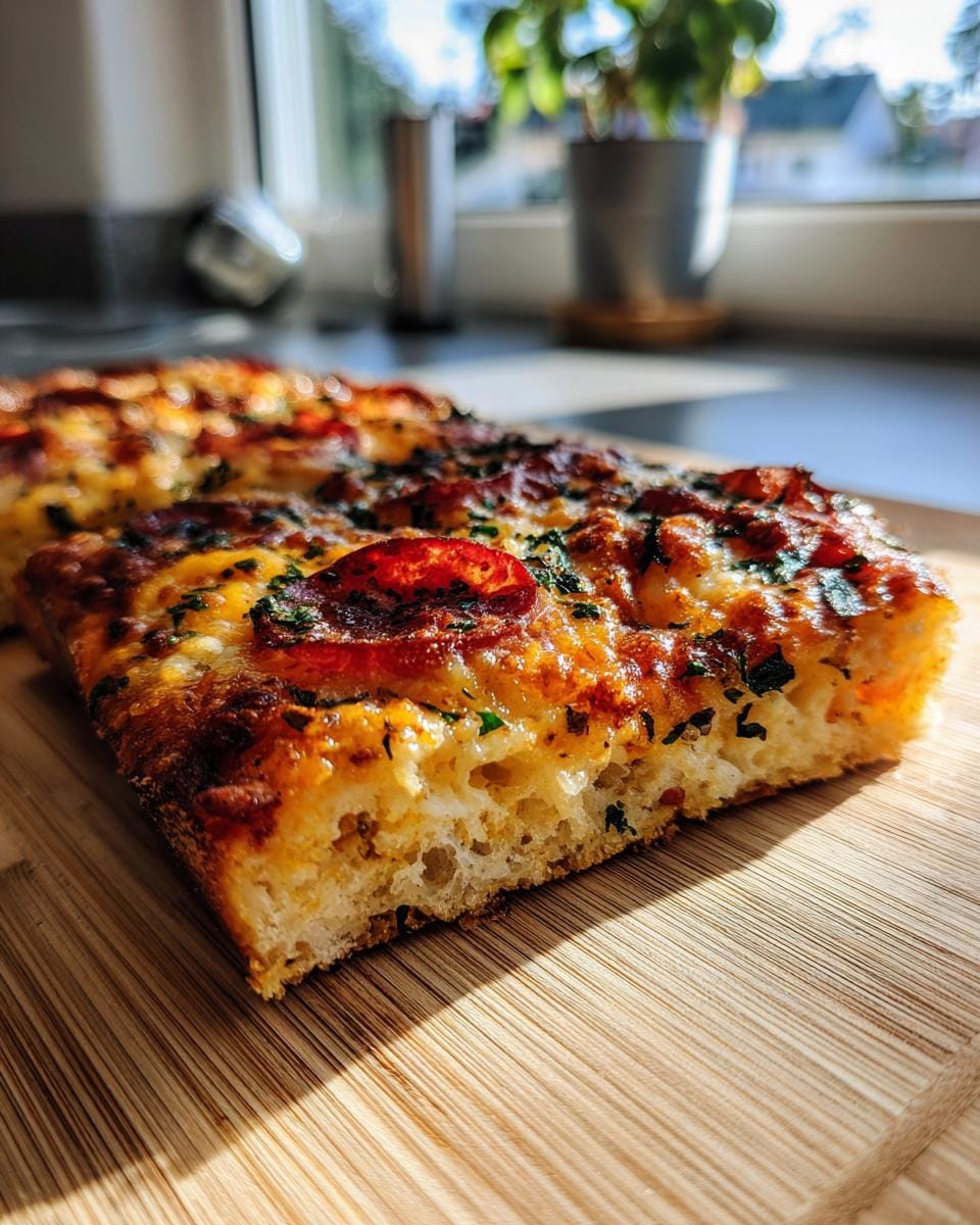 Close-up of a slice of Haferflocken-Joghurt-Fladen (oatmeal-yogurt flatbread) with toppings on a wooden board.