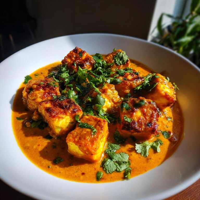 Close-up of Halloumi Tikka Masala in a white bowl, garnished with fresh cilantro.