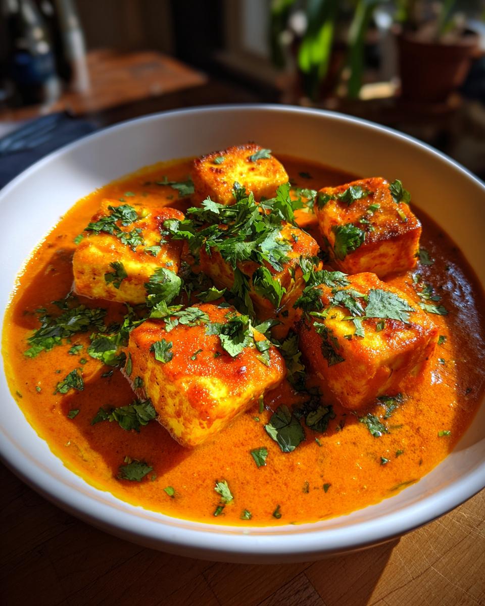 Bowl of Halloumi Tikka Masala, garnished with fresh cilantro. Creamy orange sauce and golden halloumi cubes.