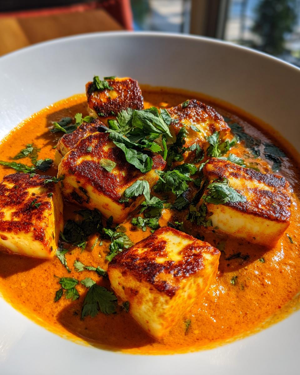 Close-up of Halloumi Tikka Masala in a white bowl, garnished with fresh cilantro.