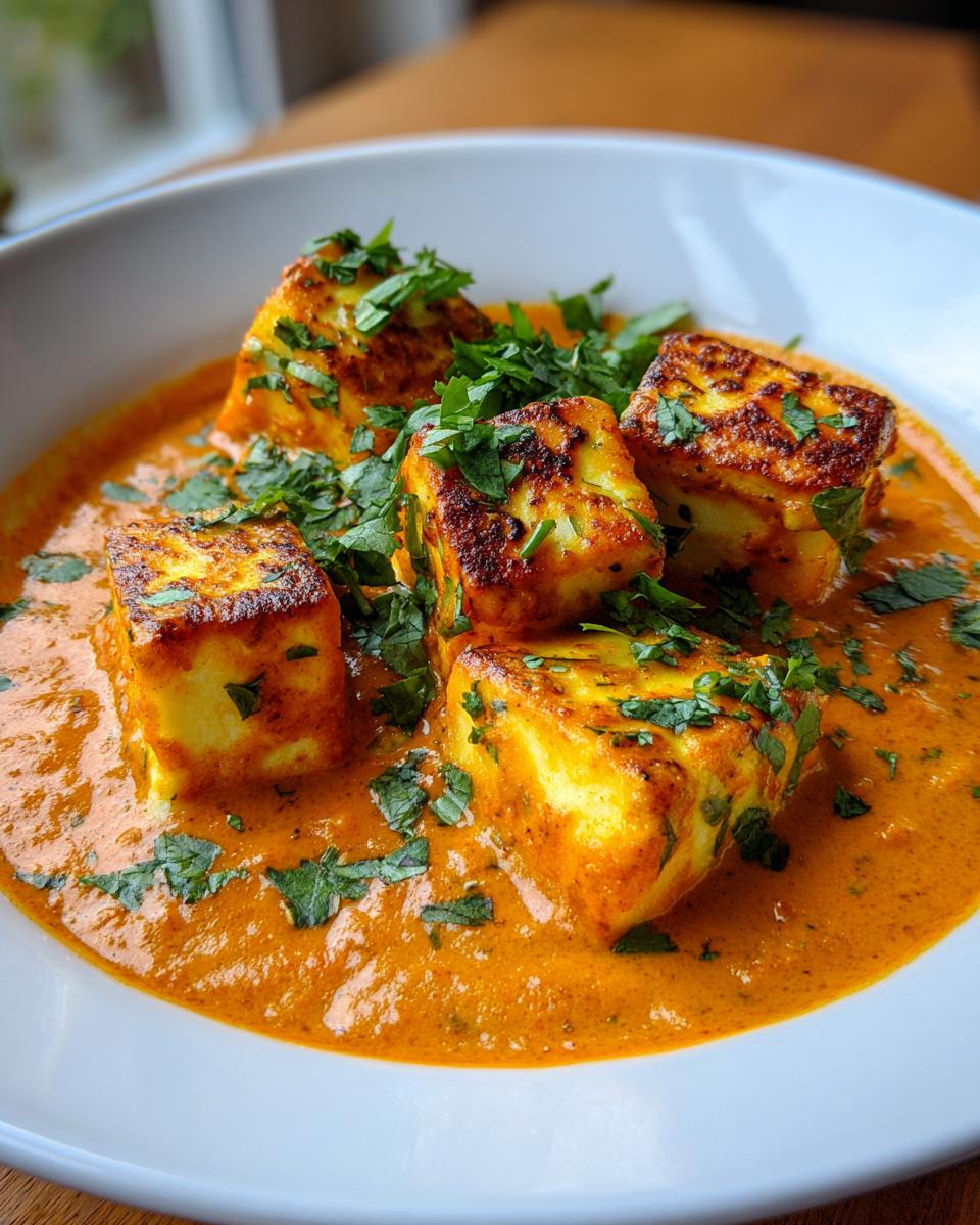 Close-up of Halloumi Tikka Masala in a white bowl, garnished with fresh cilantro.