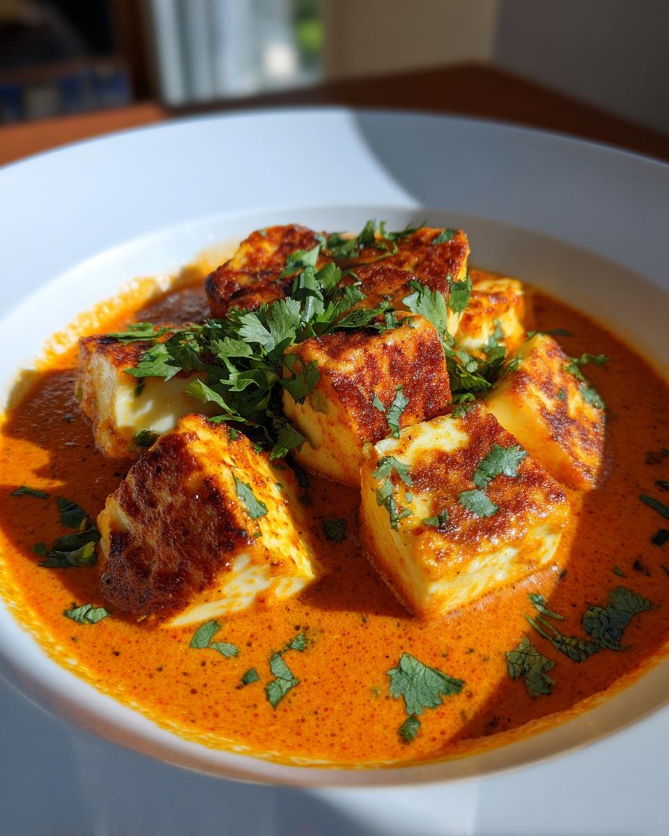 Close-up of Halloumi Tikka Masala, featuring grilled halloumi cubes in a creamy tomato-based sauce, garnished with fresh cilantro.