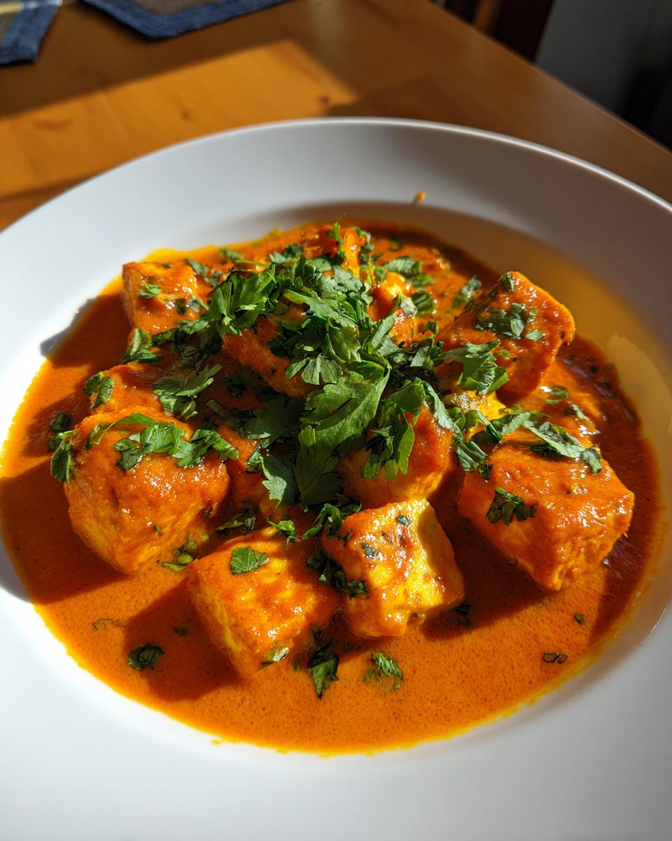 Delicious Halloumi Tikka Masala in a white bowl, garnished with fresh cilantro.