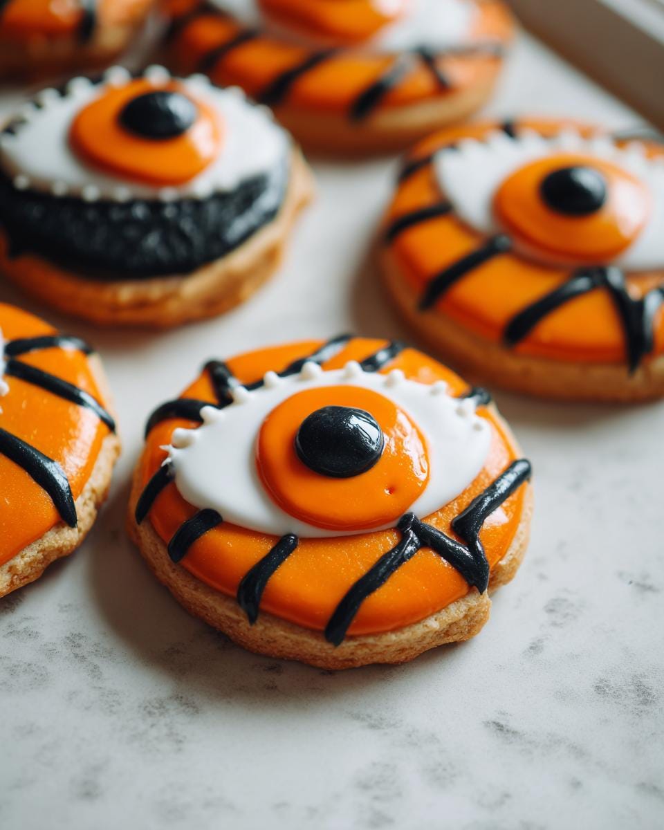 Nahaufnahme von Halloween-Kekse mit orangefarbener Glasur und gruseligen Augendesigns.