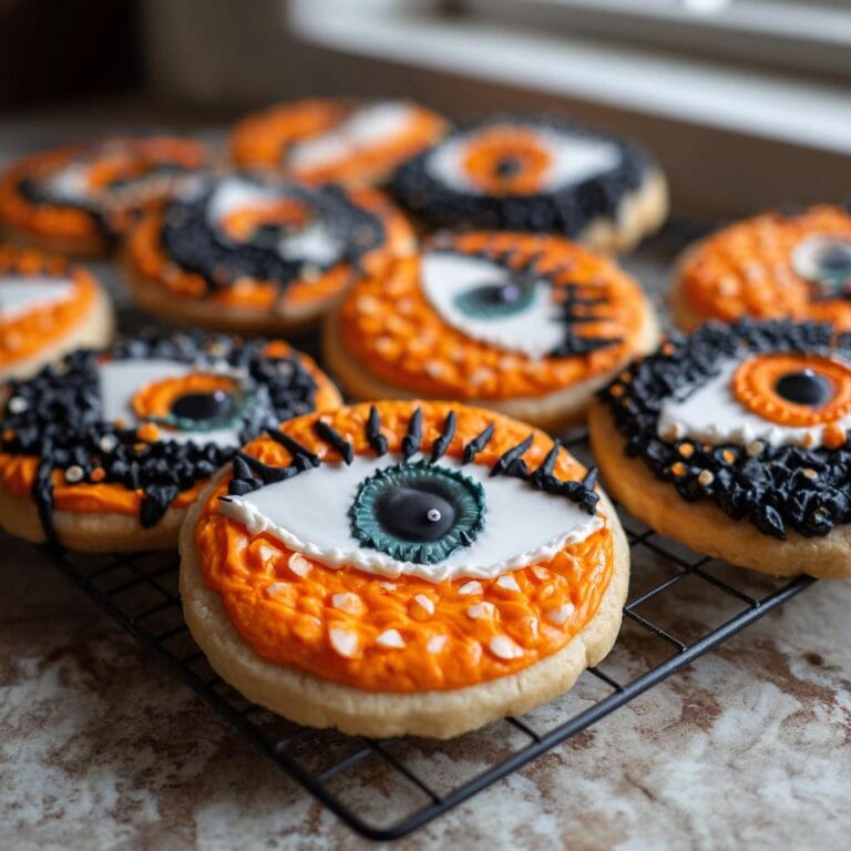 Nahaufnahme von Halloween-Kekse, dekoriert als gruselige Augen mit orangefarbener und schwarzer Glasur.