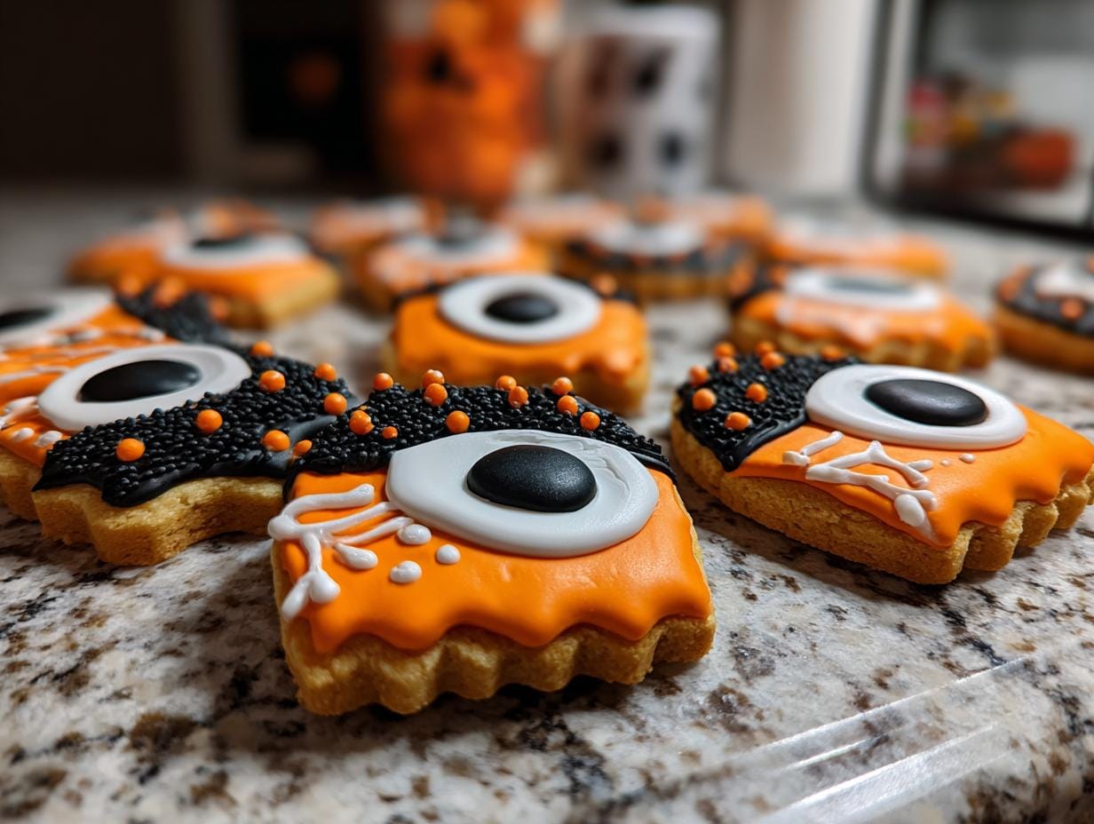 Nahaufnahme von Halloween-Kekse mit orangefarbenem Zuckerguss und gruseligen Augendesigns.