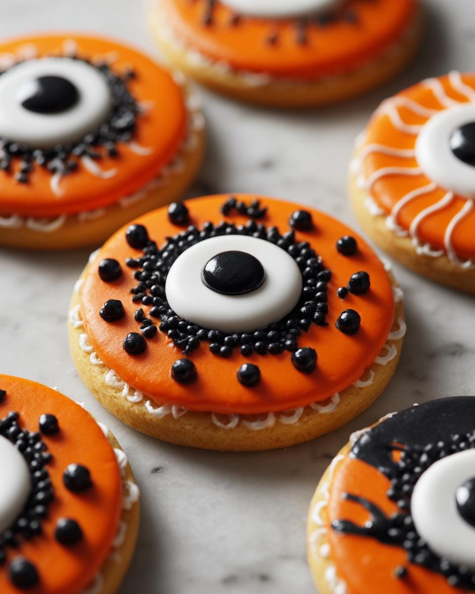 Nahaufnahme von Halloween-Kekse mit orangefarbener Glasur und Augendesign mit schwarzen Zuckerstreuseln.