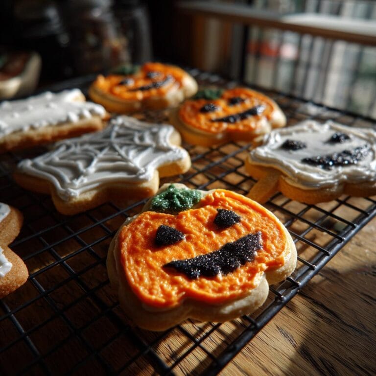 Halloween Kekse backen Rezept: Pumpkin, ghost, and spiderweb cookies on a cooling rack.