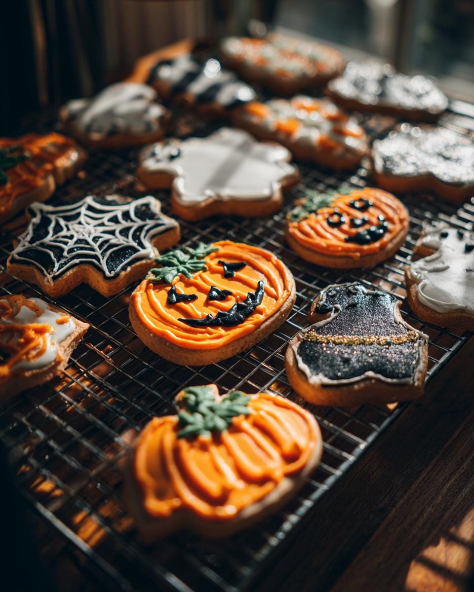 Freshly baked Halloween Kekse backen Rezept cookies decorated as pumpkins, ghosts, and spiderwebs on a cooling rack.