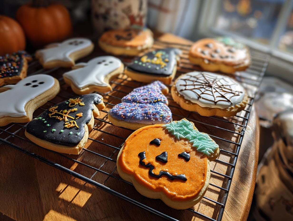 Assortment of decorated Halloween Kekse backen Rezept cookies on a cooling rack, including ghosts, pumpkins, and witch hats.