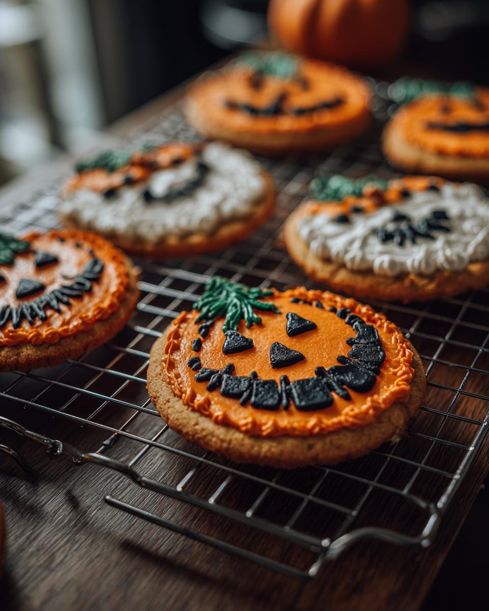 Pumpkin-shaped Halloween Kekse backen Rezept cookies decorated with orange and black icing on a wire rack.