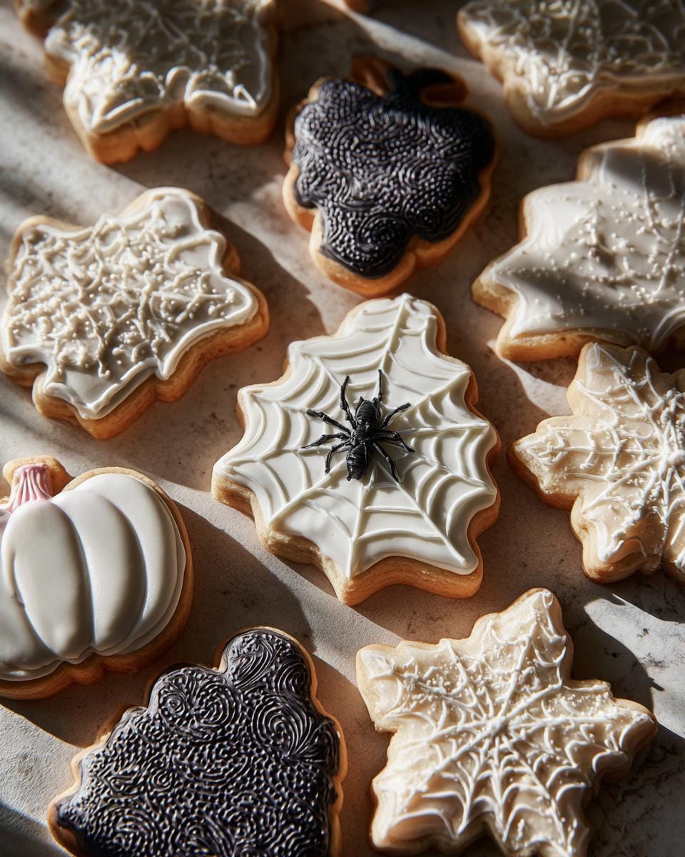 Overhead shot of Halloween Kekse backen Rezept, decorated as spiderwebs, pumpkins, and bats.