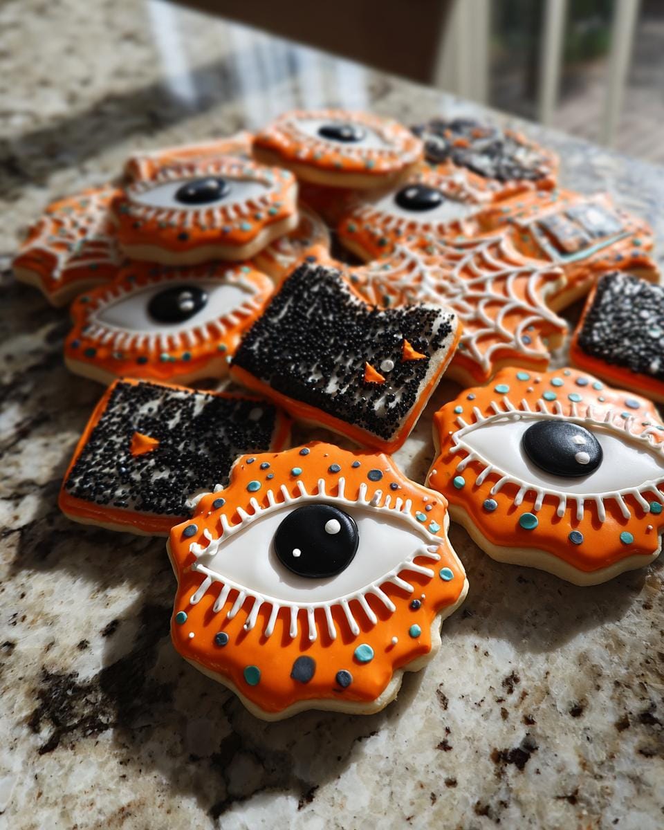 A pile of decorated Halloween-Kekse, including eyeball and bat designs, on a countertop.