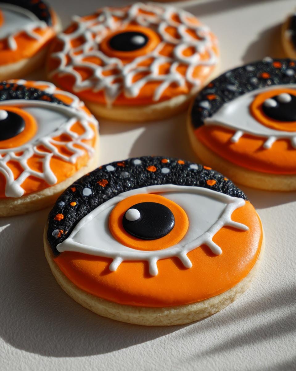 Close-up of decorated Halloween-Kekse shaped like eyeballs with orange, white, and black icing.