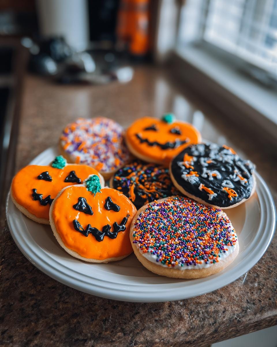 A plate of decorated Halloween Kekse Rezept cookies, including pumpkin and sprinkle designs.