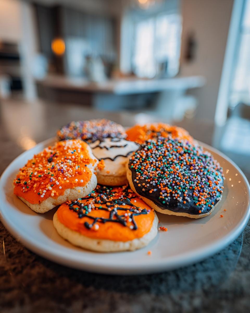 Plate of festive Halloween Kekse Rezept cookies decorated with orange, black, and colorful sprinkles.