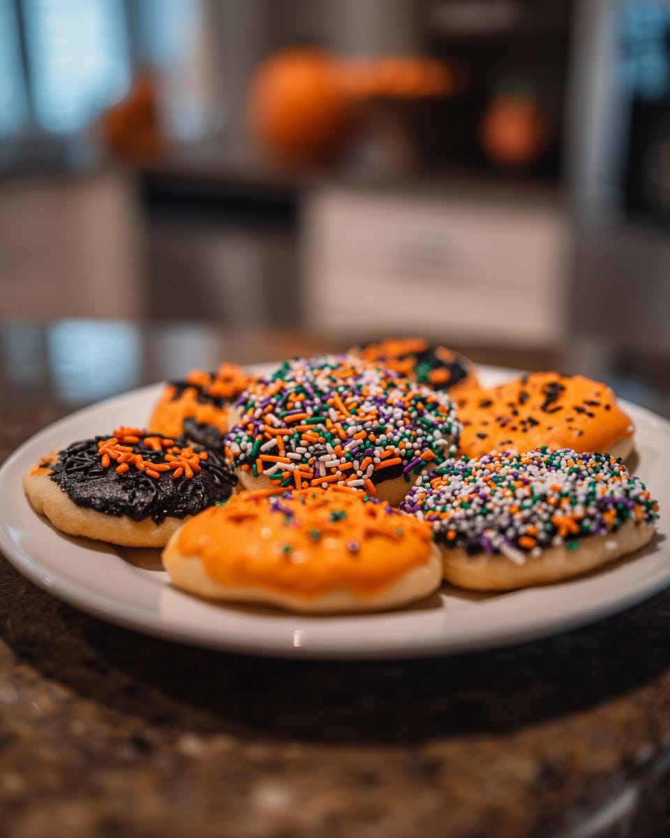 Plate of colorful Halloween Kekse Rezept cookies with orange, black, and sprinkle decorations.