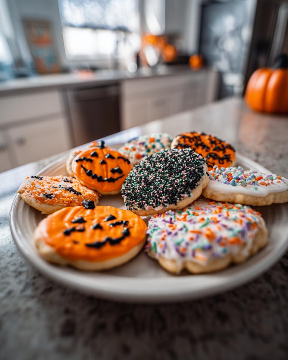 A plate of decorated Halloween Kekse Rezept cookies, including pumpkins and sprinkle-covered designs.