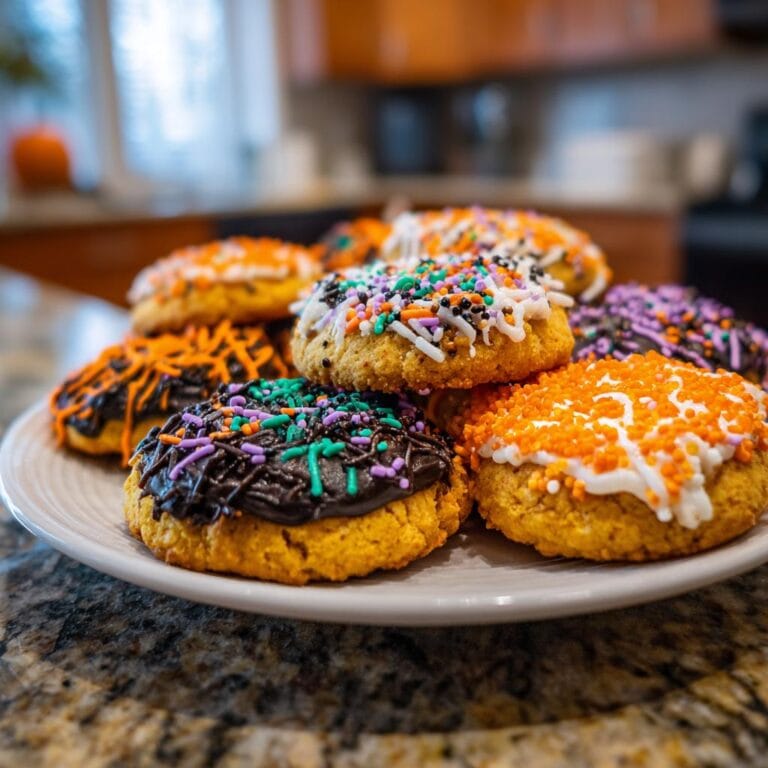 A plate of festive Halloween Kekse Rezept, decorated with colorful icing and sprinkles for a spooky treat.